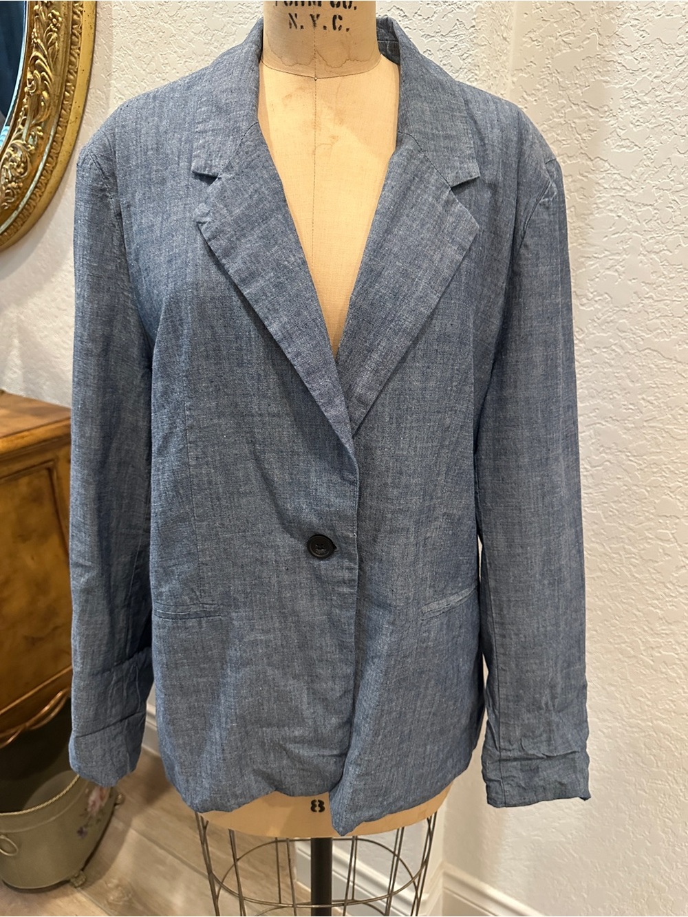 Women's Chambray Single-Button Blazer Jacket - Blue